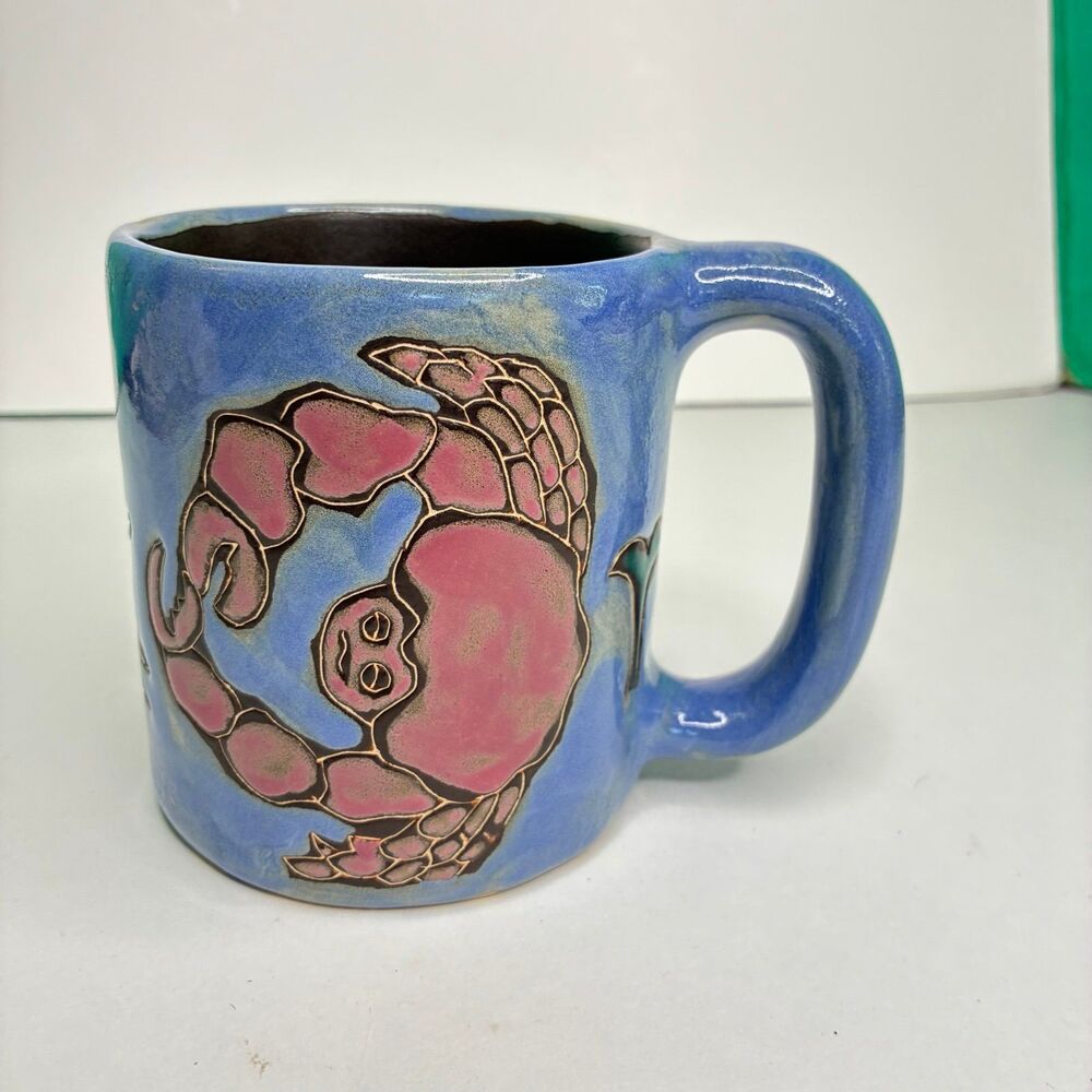 Mara Stoneware Mug Ocean BluebSigned Mara Made In Mexico 16 Oz Crab Seashell